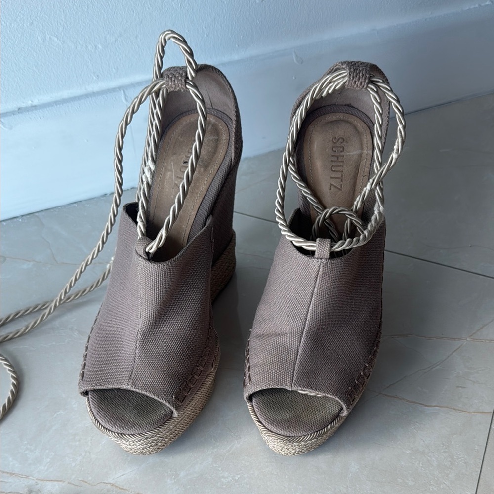 Schutz Women's Taupe Canvas Wedge Espadrille Sandals with Rope Ankle Ties